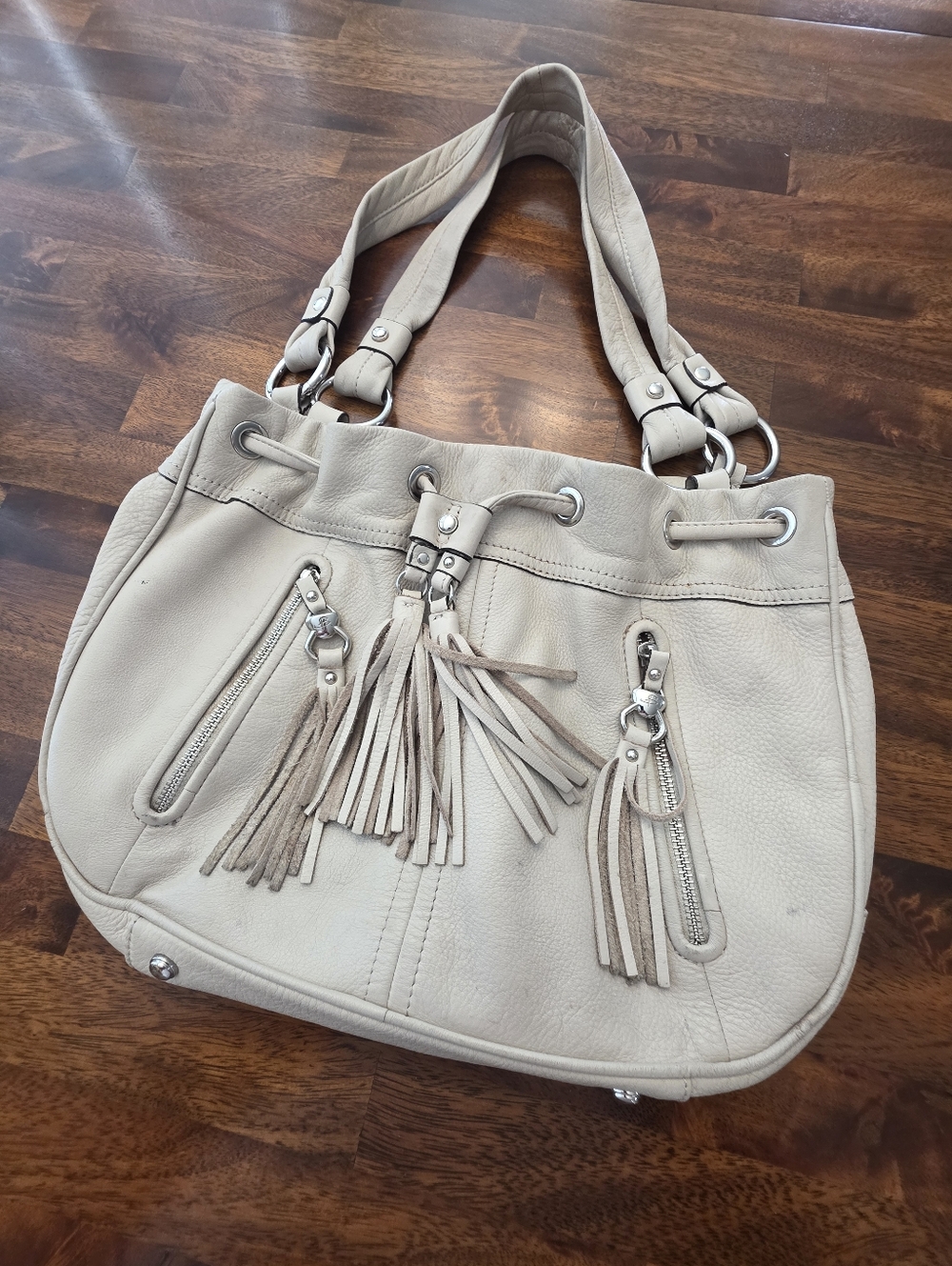 b. makowsky Cream Tassel Drawstring Shoulder Bag Leather